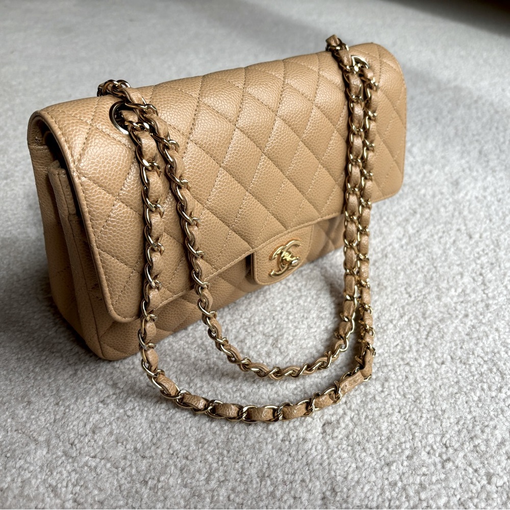 CHANEL Classic Medium Double Flap Shoulder Bag in Camel Caviar Leather
